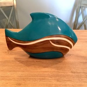 Hollow Wooden Fish Decor Teal & Brown